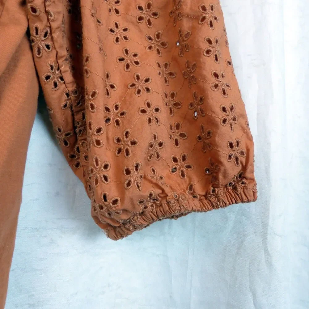 J.Crew Peasant Top Womens L Orange Eyelet Embroidered Cotton Boho Style AS023